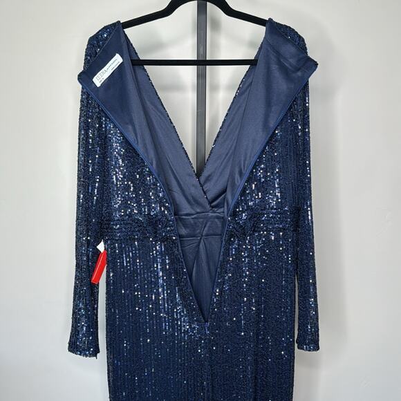 NWT IEENA for MAC DUGGAL Midnight Sequined Long Sleeve Gown High Slit - Picture 11 of 12